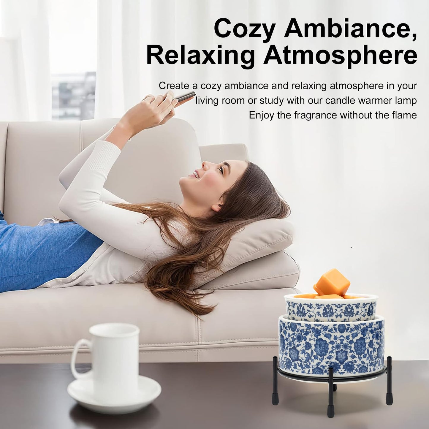 NAFANG Blue & White Porcelain Pattern Wax Melt Warmer,Ceramic 3-in-1 Electric Candle Wax Warmer for Scented Wax Melter Oil Burner for Home Office Bedroom Gift & Decor (with KD Iron Shelf)