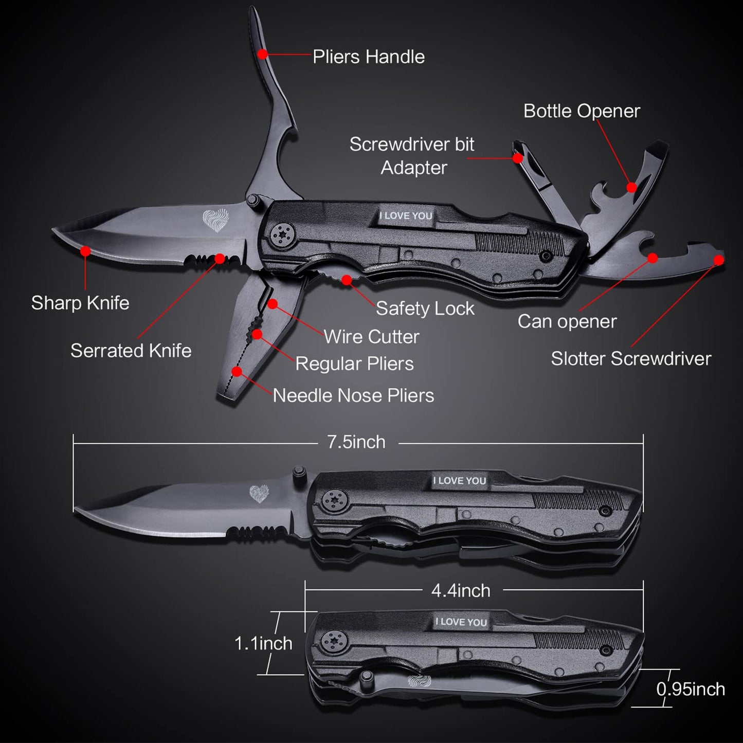 Multitool Pocket Knife for Men, Gifts for Boyfriend, Him, Husband, Dad, Multi Tool Tactical Plier With Nylon Sheath, Stocking Stuffer 'I LOVE YOU'