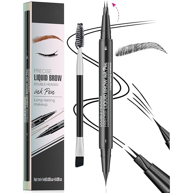 Microblading Eyebrow Pen, Curved Eyebrow Pencil 2-in-1 Dual-Ended Eyebrow Pencil 2-Fork-Tip and Single Tip Creates Natural Eyebrows Waterproof Long-lasting(Black)