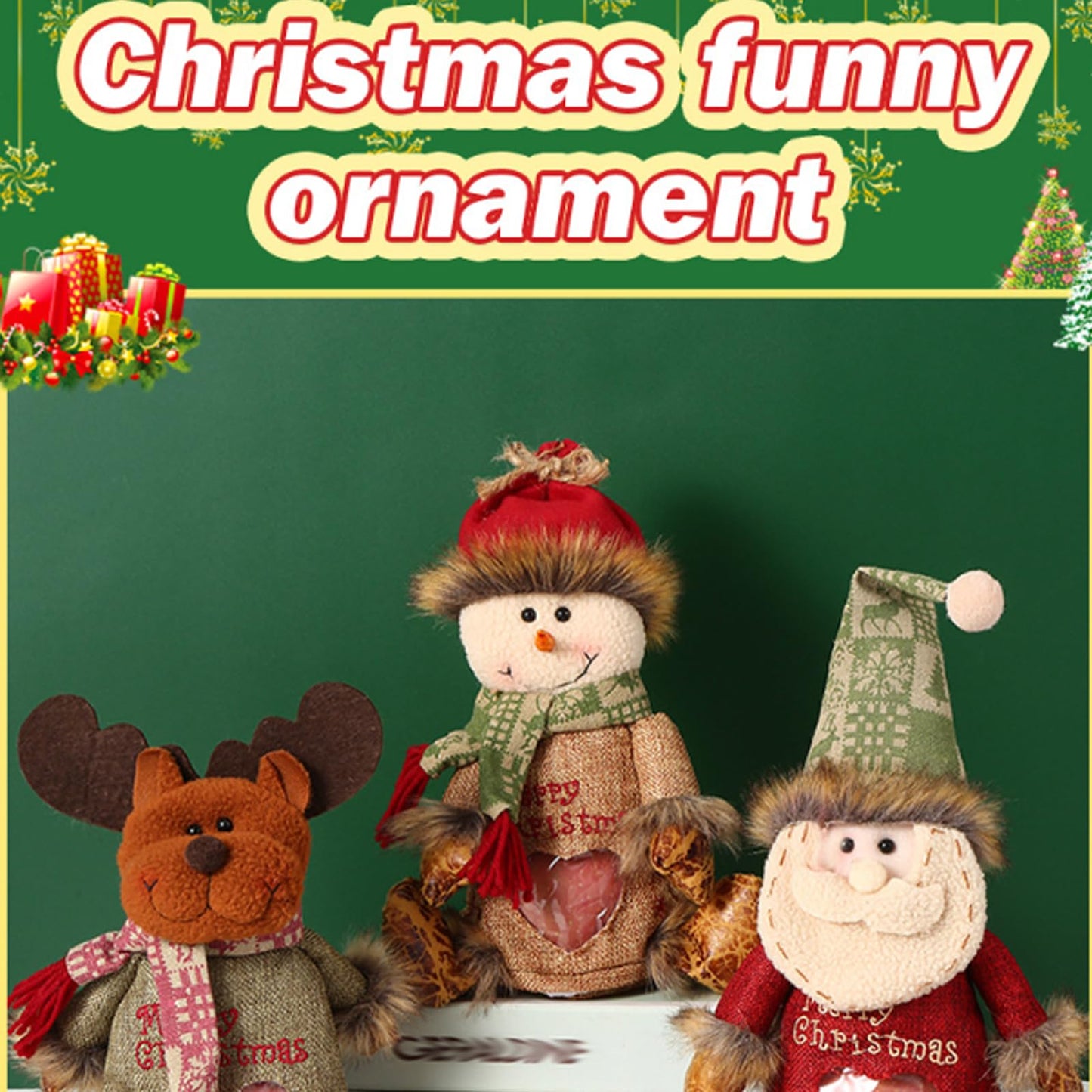 Christmas Gift Bags Zipper Design, 3D Doll Decoration, Flax Fabric Christmas Apple Bags Zipper Reusable, Xmas Candy Apple Bags with Santa Claus, Snowman, Reindeer for Festival Decor (3PCS)