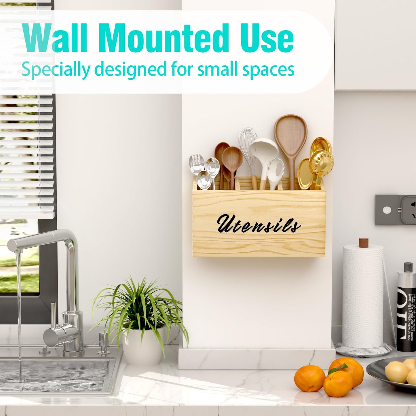 REFGY Wooden Kitchen Utensil Holder, Flatware Utensil Caddy with 3 Compartments, Utensil Caddy for Parties, Storage Organizer Box for Kitchen Counter & Silverware, Natural