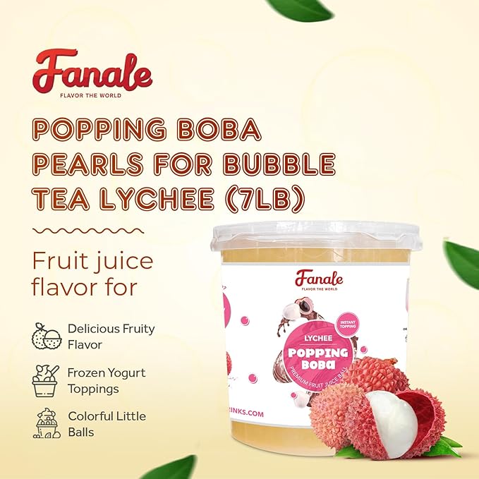 Fanale Lychee Popping Boba Pearls, Vegan, Non GMO, Gluten Free, Fat Free, Perfect for Bubble Tea, Smoothies, Ice Cream, Desserts, and Beverages.