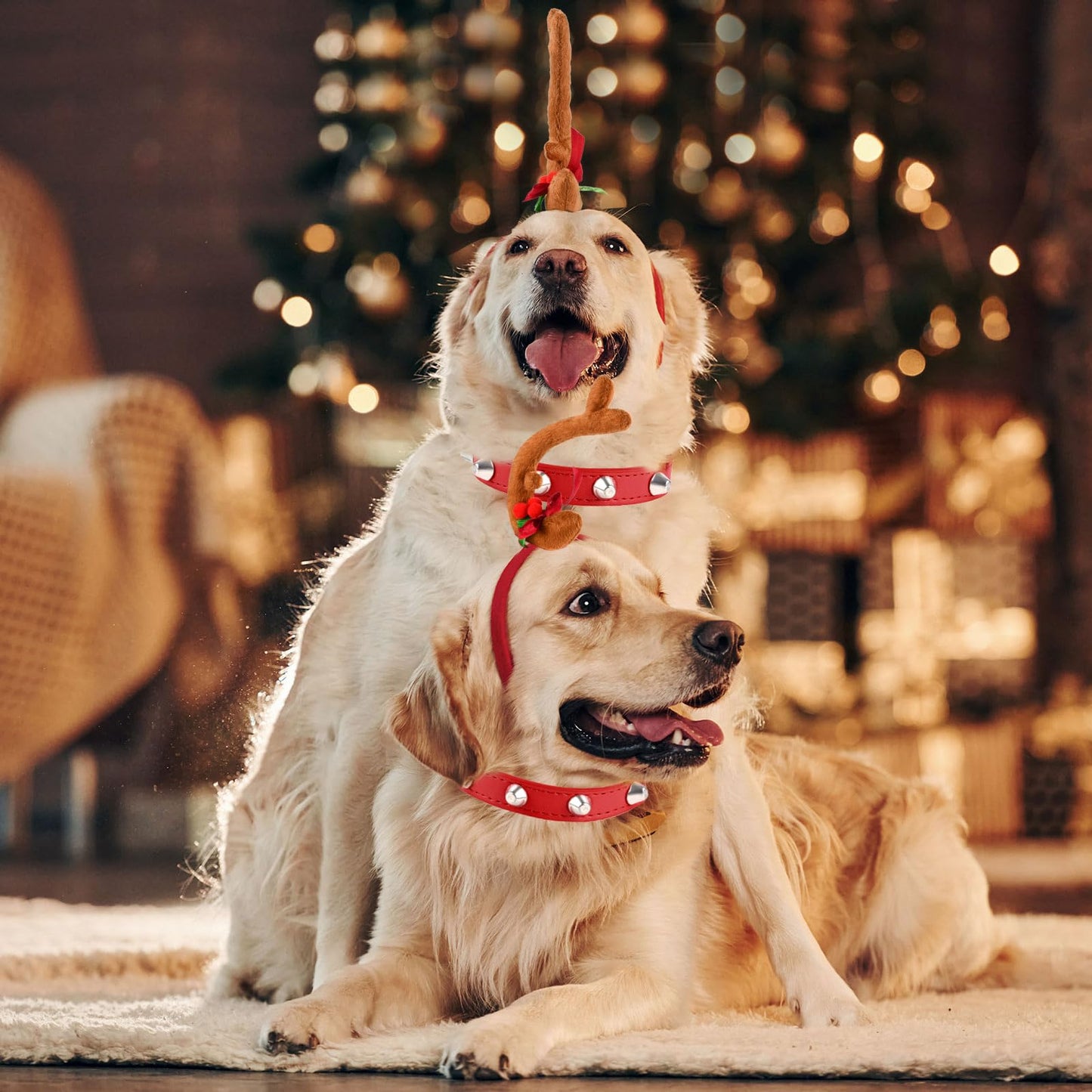 Kavoc Christmas Reindeer Antler Headband with Dog Ears Ajustable Elastic Band Dog CostumeDog Antlers Costume for Medium Dogs Pets Xmas Party Decor