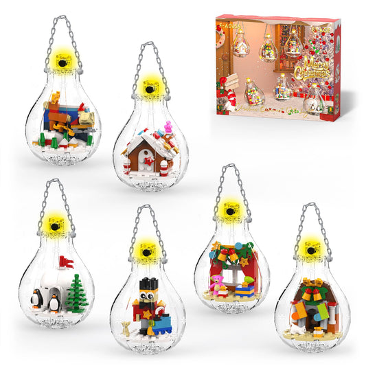 Christmas Tree Ornaments Building Set with Light, Santa Claus Gingerbread House Nutcracker Penguin Bear Building Kit in Bulbs, 6 Pack Xmas Decorations Stocking Stuffers Gift for Kids (405 PCS)