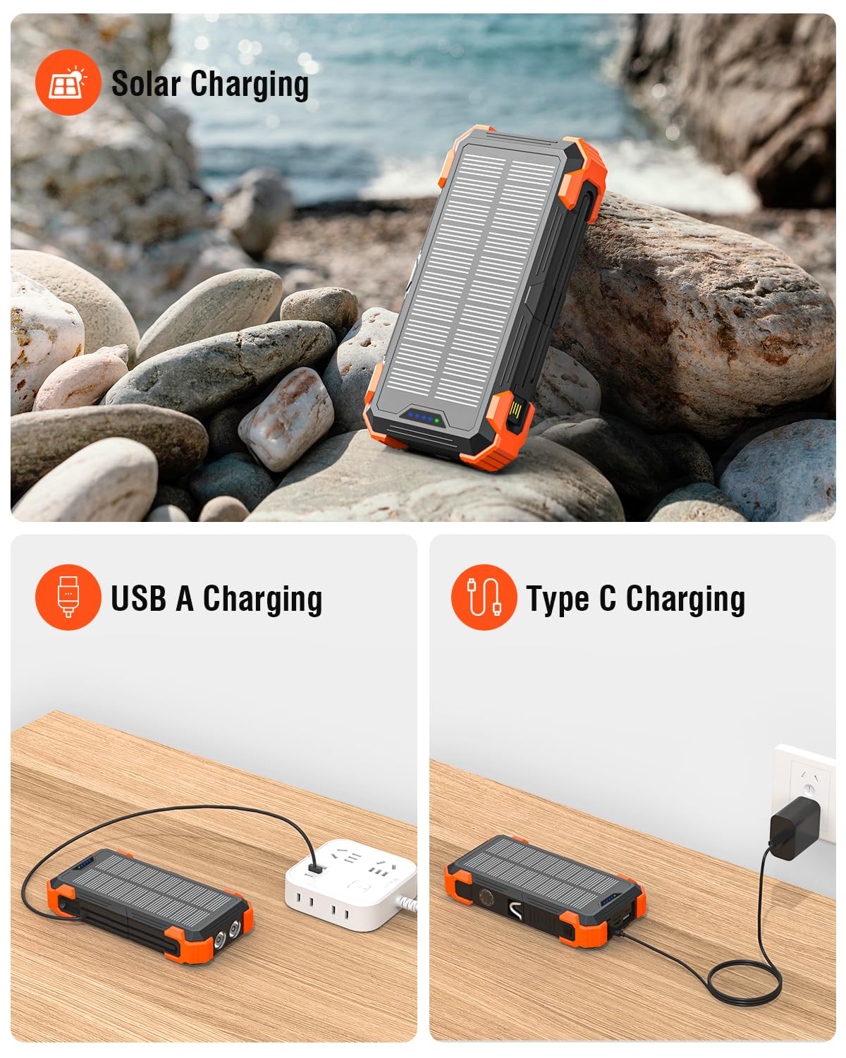 Sudrov Solar Charger Power Bank, 42800mAh Wireless Portable Charger with USB-C in/Output, QC3.0 Fast Charging 15W 4 Ports Outdoor Battery Pack Built-in Dual Led Flashlights for iPhone Samsung etc