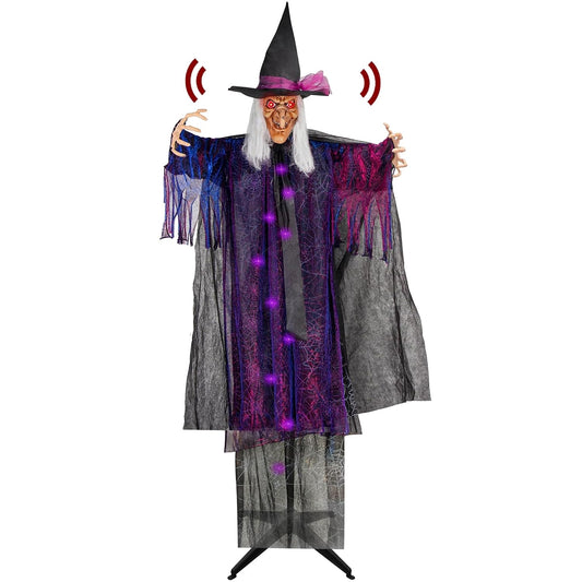 yosager 6FT Halloween Standing Witch with Scary Sound Effect & Red Eyes, Life Size Animated Scream Witch with Base, Halloween Haunted House Scary Props, Theme Park Horror Layout Party Decoration