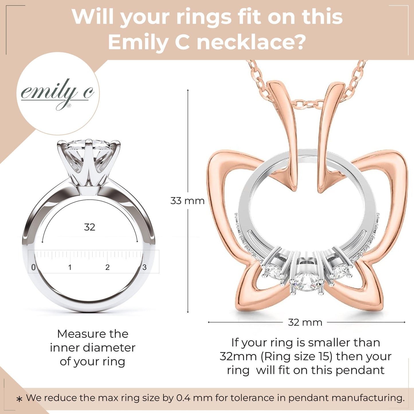 Emily C Ring Holder Necklace - Stainless Steel Necklace with Rose Gold Finish - Engagement Gift for Doctors & Nurses - Gift for Mom or Grandmother - Butterfly