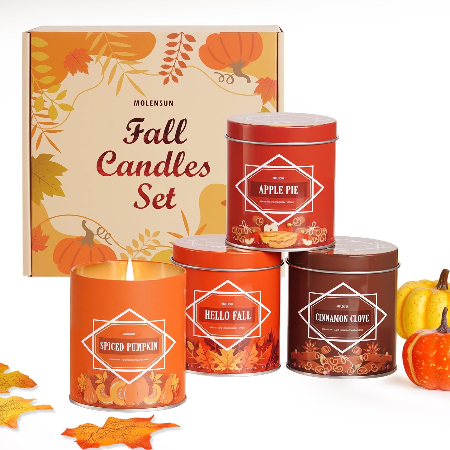 Fall Scented Candles Gift Set – 4 Pack of 9Oz Soy Candles, Autumn Fragrances (Pumpkin Spice, Apple Pie, Hello Fall, Cinnamon Clove), Holiday Gifts for Women & Men