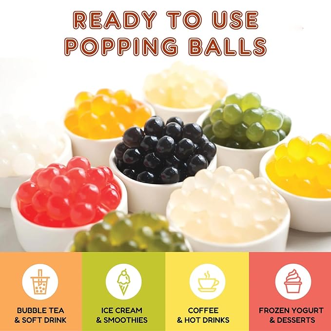 Fanale Lychee Popping Boba Pearls, Vegan, Non GMO, Gluten Free, Fat Free, Perfect for Bubble Tea, Smoothies, Ice Cream, Desserts, and Beverages.