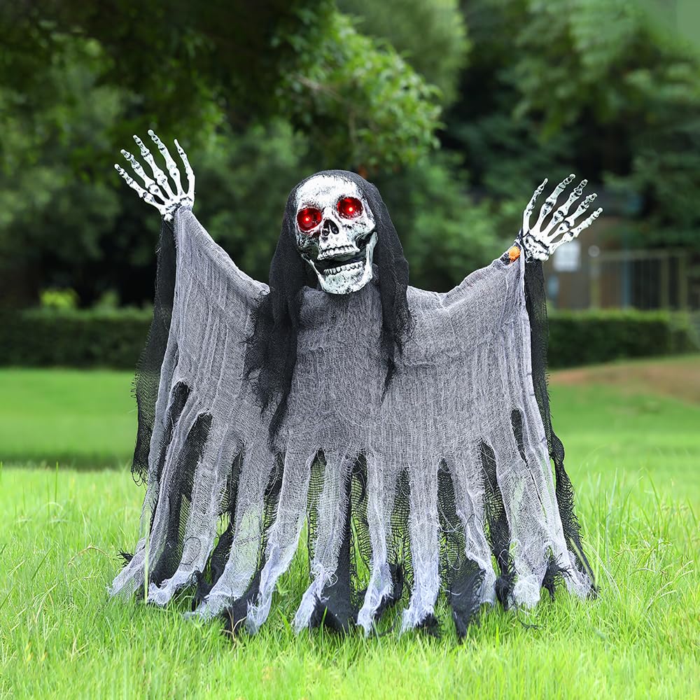 Screaming Halloween Decoration Animated Zombie Skeleton Ghosts with Motion Sensor Scary Sound and Flashing LED Eyes for Halloween Outdoor Indoor Yard Garden Decor(Black)