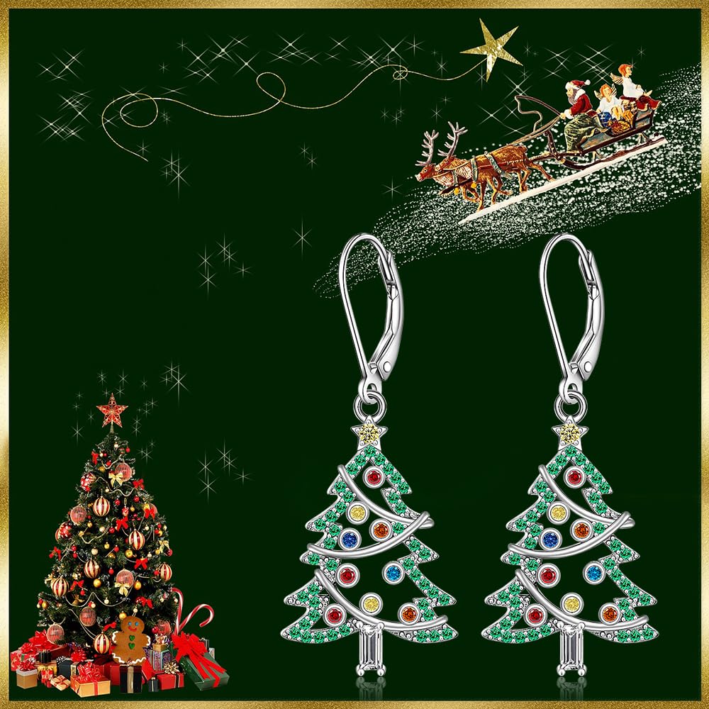 Christmas Tree Earrings Christmas Earrings for Women Sterling Silver Green Xmas Tree Winter Dangle Colorful Jewelry Charms Holiday Birthday Gift