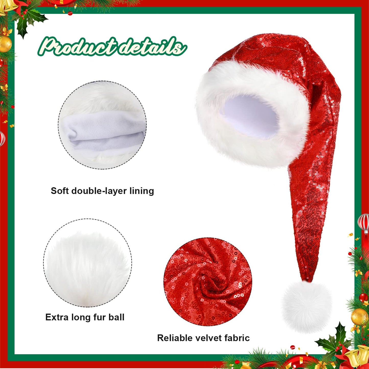 Geyoga 4 Pieces Christmas Santa Hats Xmas Shiny Sequin Santa Hats for Adults Long Christmas Cap Women Men Party Supplies(Red)