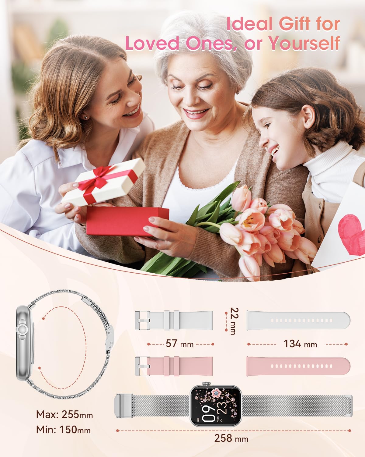 Smart Watches for Women, Health Fitness Watch for Android iPhone, Sleep/Heart Rate/SpO2/Blood Pressure Monitor, 1.85'' Smartwatch for Calls/SMS/Notifications, 100+ Sports Modes, 300+ Dials, 3 Bands