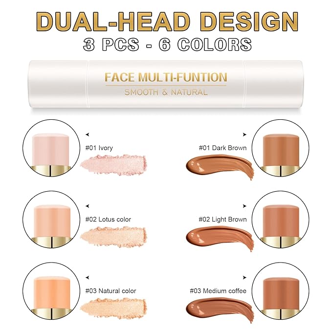 6 Colors Cream Contour Stick Makeup Contour Kit,Double-ended Cream Bronzer for Sculpt, Highlighter and Blush Stick Makeup Kit, Matte & Dewy Finish (SET C)