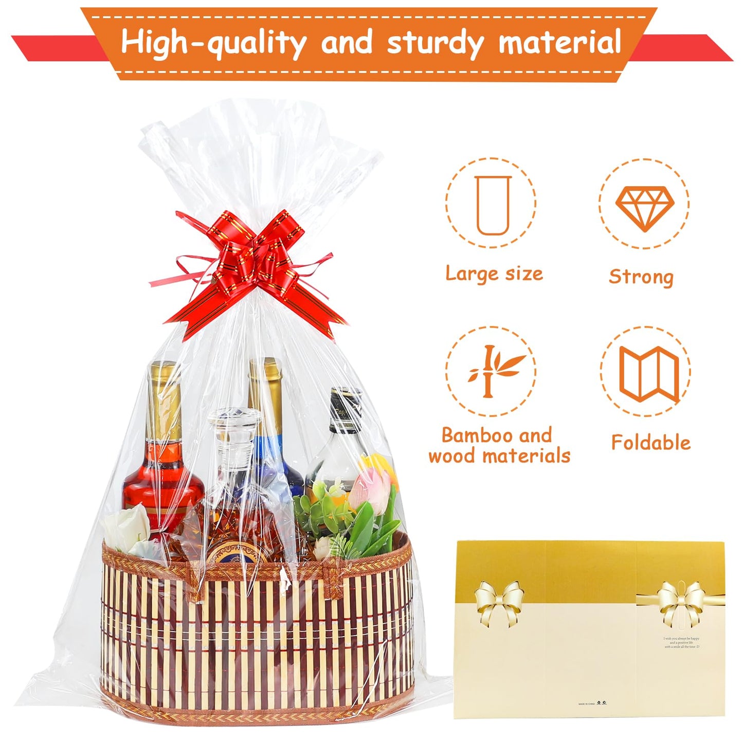 3 Set Baskets for Gifts Empty, Large Woven Bamboo Gift Basket Kit with Handles, Sturdy Empty Gift Baskets to Fill for Baby Shower, Birthday Party Wrapping Gift -3 Cellophane Wrap Bags,3 Gift Cards