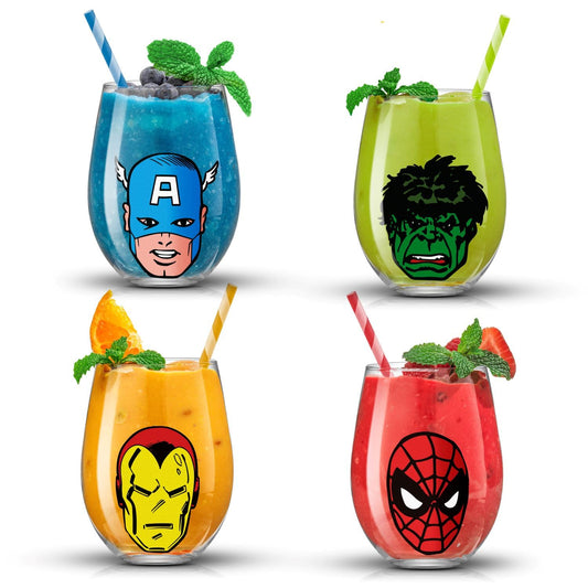 JoyJolt Marvel Heroes Stemless Drinking Glasses, 19oz Superhero Cups ft Hulk Captain America Spiderman and Iron Man, Avengers Glassware Set of 4, Marvel Gifts for Men and Women