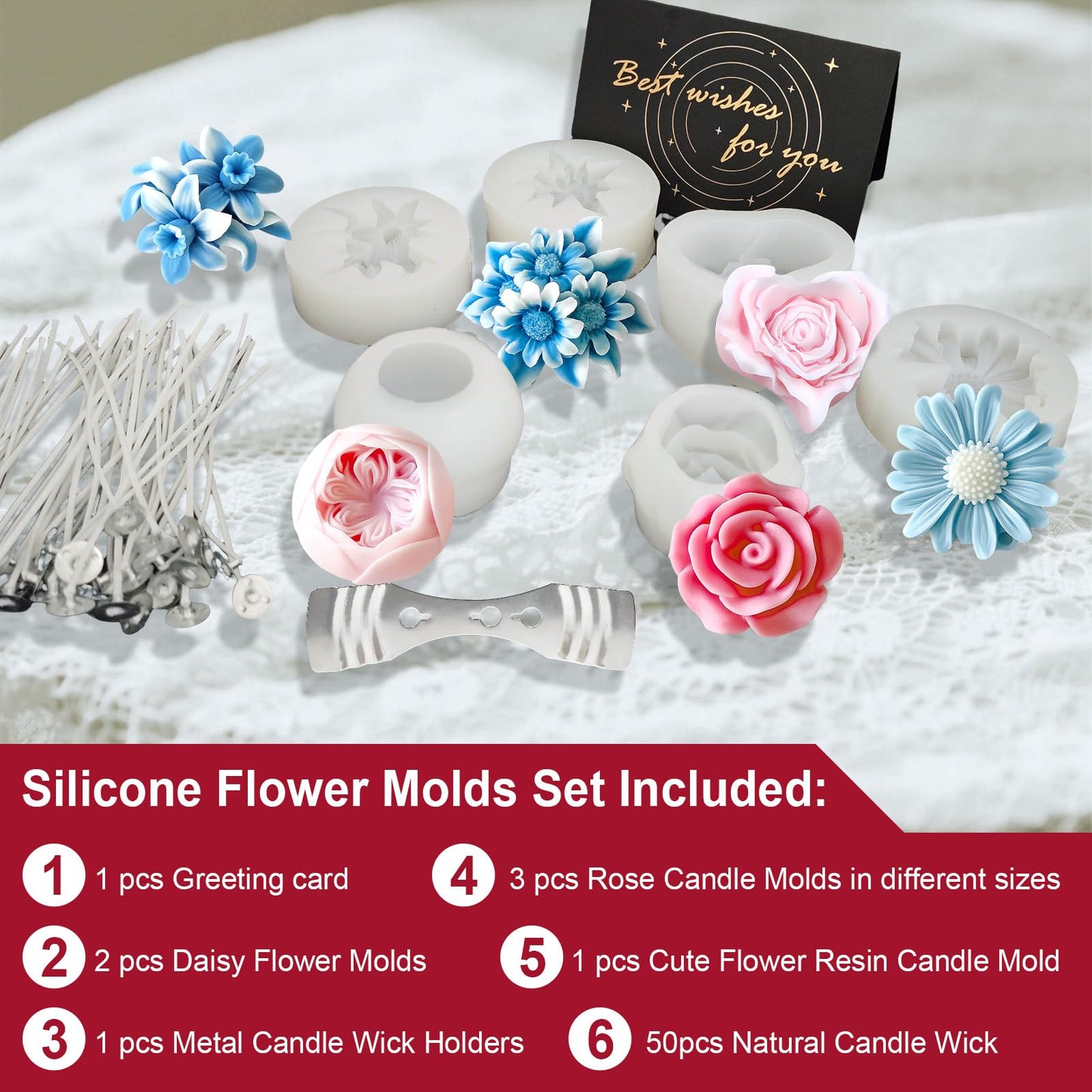 6Pcs Flower Candle Silicone Mold 3D Flower Resin Candle Molds for Candle Making with Wicks DIY Soap Wax Resin Craft Mould Home Art Decoration Box Packaging