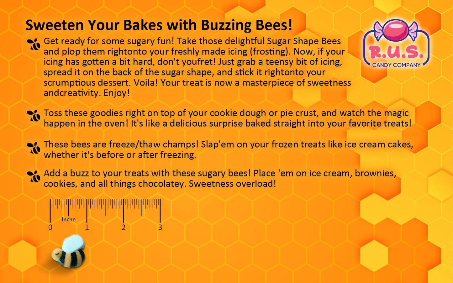 Bees Cakes Decorations- Bumble Bee Shaped Edible Hard Sugar Decorations, 48 pcs by R.U.S. Candy Company