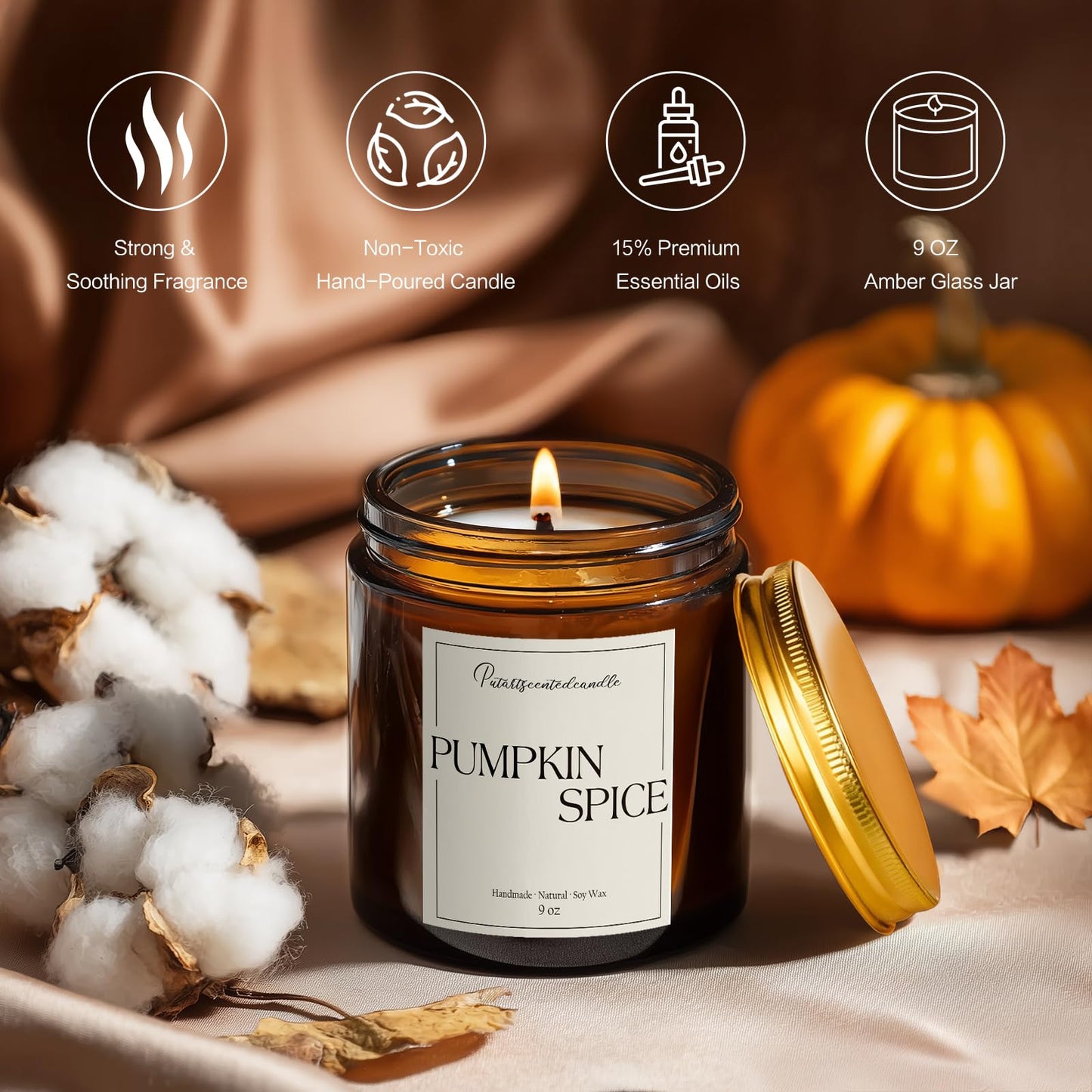 Putart Pumpkin Spice Scented Candles for Home, Natural Soy Wax Aromatherapy Non Toxic Pumpkin Fall Candle Gifts for Women Men, Autumn Amber Glass Jar Candle Decoration for Halloween Holidays (9oz