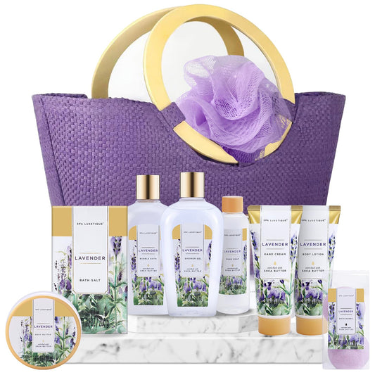 Spa Luxetique Gift Baskets for Women, Spa Gifts for Women - 10pcs Lavender Gift Sets with Body Lotion, Bubble Bath, Relaxing Bath Sets, Mothers Day Gifts for Mom