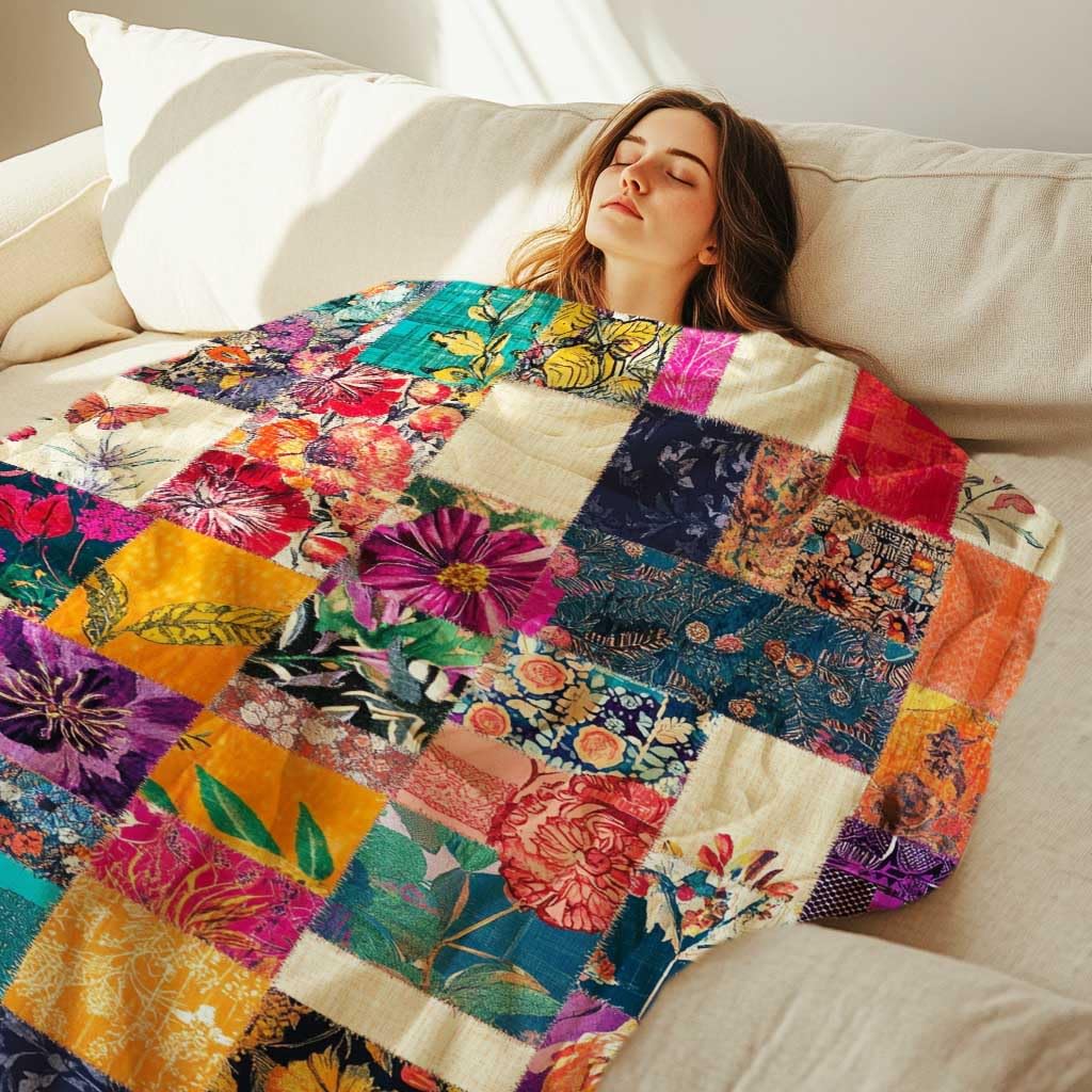 FexNuvko Printed Faux Patchwork Inspired Throw Blanket | Faux Quilt and Kantha Look | Lightweight Floral Fleece for All Seasons | Gifts for Women and Men | Home Decor for Couch and Bed | 50x60 Inches