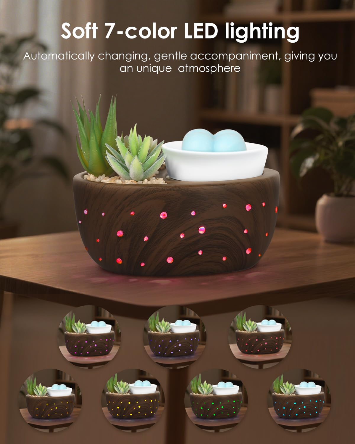 LUXARAPY Ceramic Wax Melt Warmer, 4-in-1 Electric Wax Warmer with PTC Heating Plate and LED Lighting, Succulent Bowl for Wax Melting, Mug Warming, Oil Diffusion, Home Office Spa Decor