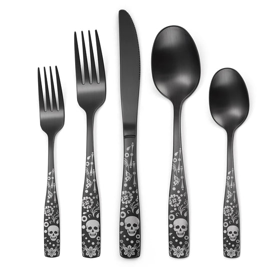 OIULO Pattern Matte Silverware Set for 8,40 Piece Gothic Black Flatware set,Skeleton Flower Bat Unique Pattern Design,Skull Knive Fork Spoon Spooky Utensils Cutlery,Halloween Party Supplies Event Tab