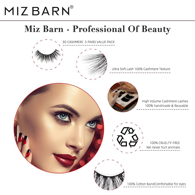 Miz Barn Lashes 5 Pairs Cat Eyes Wispy Lightweight Natural 3D Cashmere Soft Long Extension Eyelashes Pack Handmade Luxurious Volume Fluffy False Eyelashes (CF102)