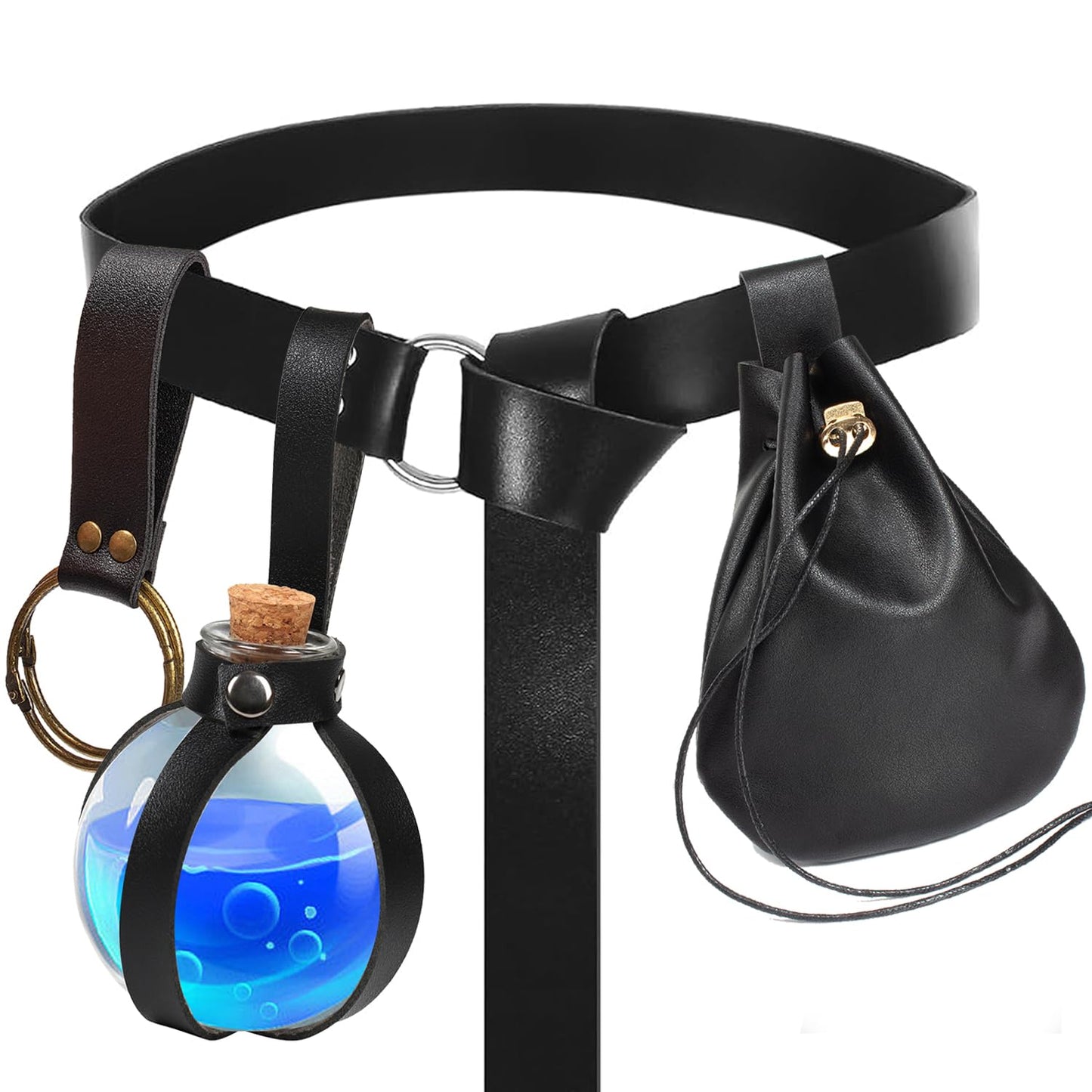 SUMGOGO 4 Pcs Halloween Renaissance Belt Pouch Witch Bottle Skirt Hikes Medieval Viking Pirate Leather Belt Costume Set (Black)