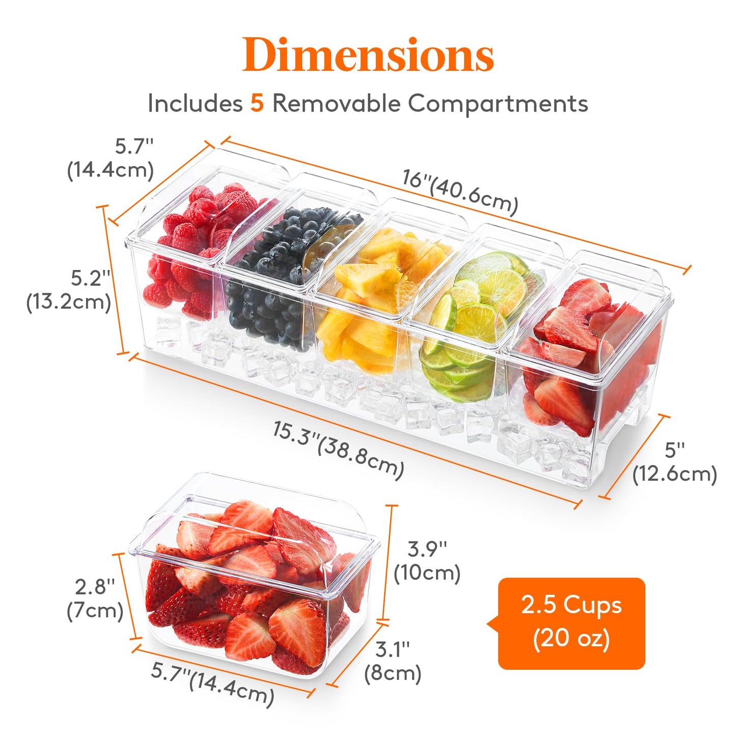 Lifewit Ice Chilled Condiment Caddy with 5x 20oz(2.5 cup) Containers, 15.3" Condiment Server with Separate Lids, Serving Tray Platter with Removable Dishes for Bar, Fruit, Salad, Taco, Party Garnish