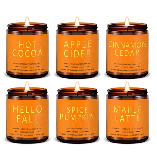 Fall Candles, Scented Soy Candles Set - 7Oz * 6 Pack, Holiday/Birthday/Christmas Gifts for Women & Men, Autumn Scents of Hello Fall/Spice Pumpkin/Apple Cider/Hot CocoaCinnamon & Cedar/Maple Latte