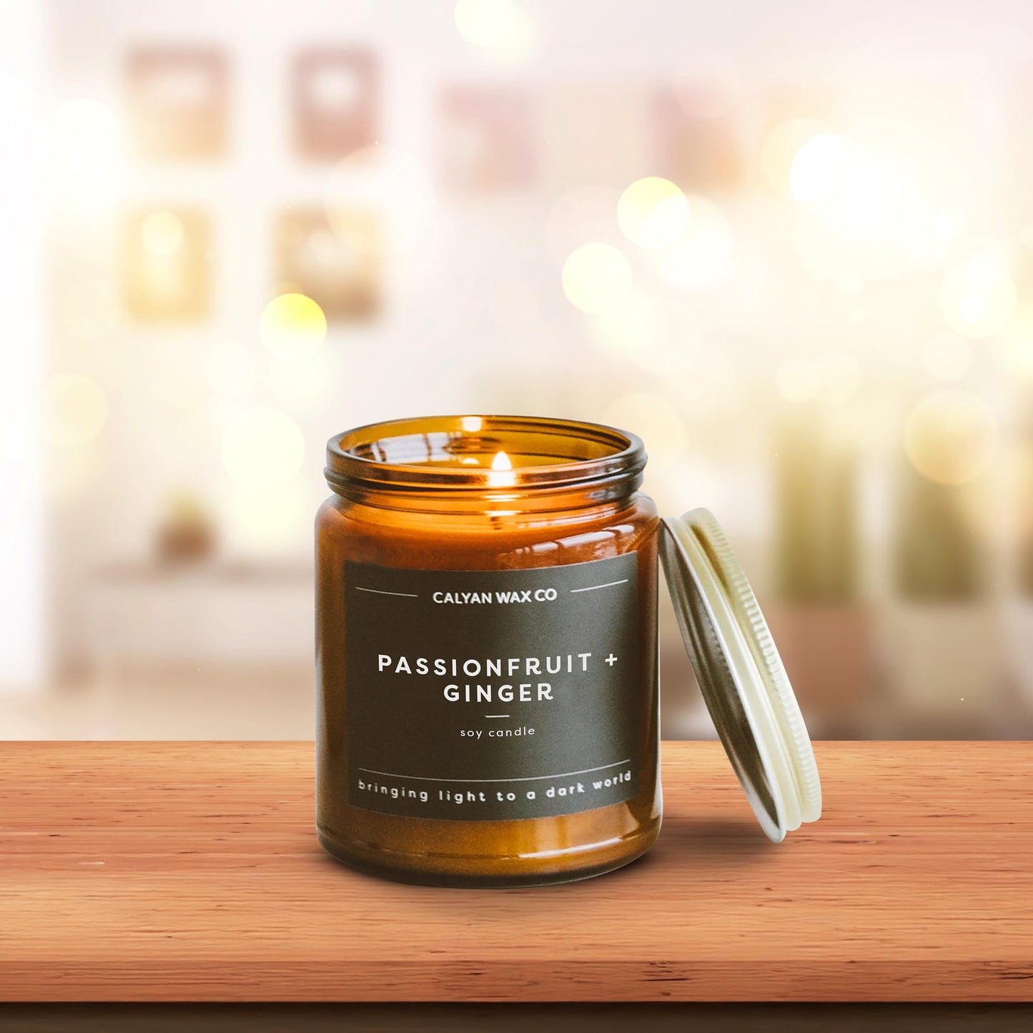 Calyan Wax Co. Soy Wax Candle, Passionfruit + Ginger Scented Candle, 57 Hour Burn Time, Aromatherapy Soy Candles, Non Toxic & Vegan Soy Wax, Amber Glass Jar Scented Candles, 7.2oz