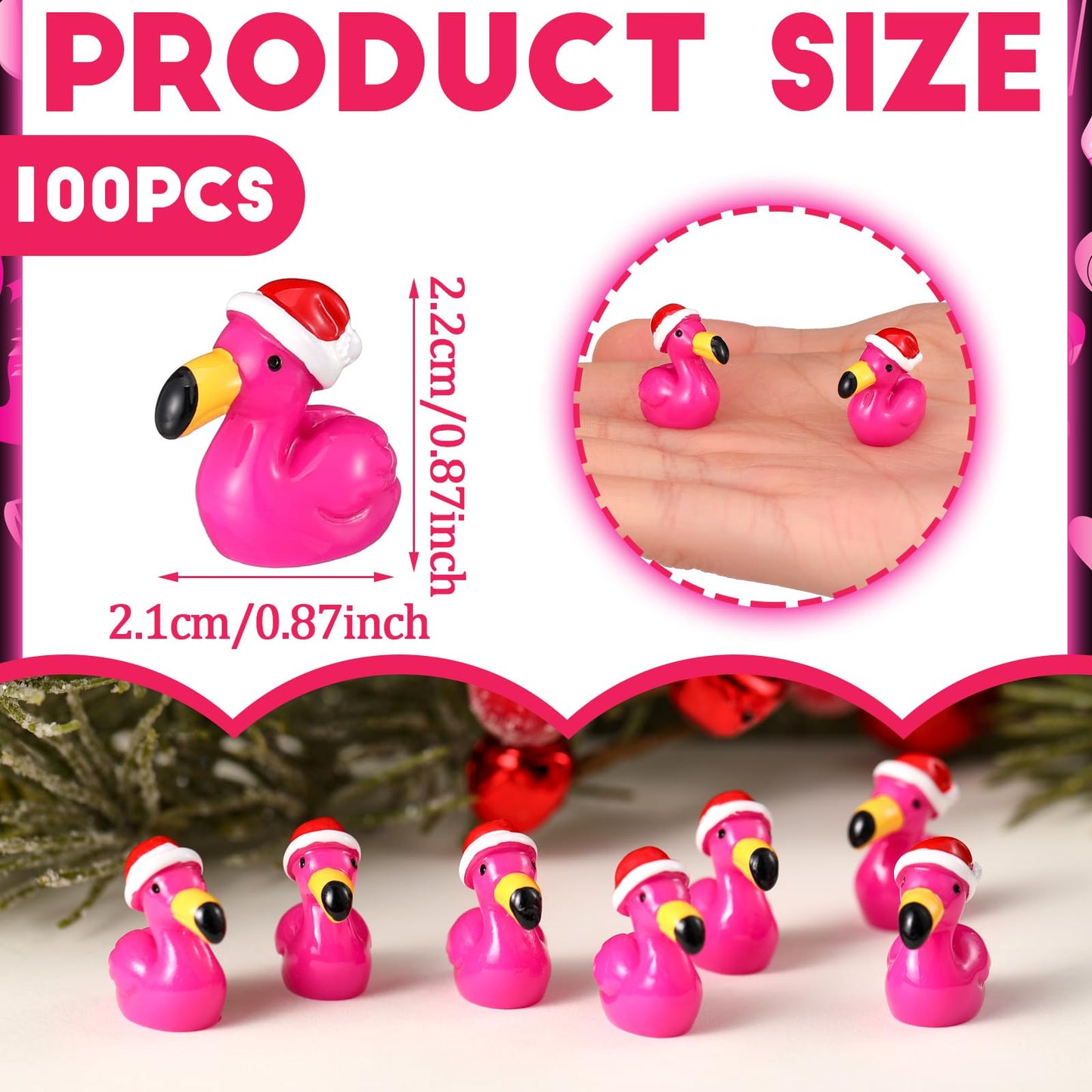 VioraWhite 100 Pcs Mini Resin Flamingos Ducks with Santa Hat Christmas Pink Flamingo Figurine Tiny Animals Set for Garden Lawn Decor DIY Craft Dollhouse Micro Landscape Aquarium Ornaments Party Gifts