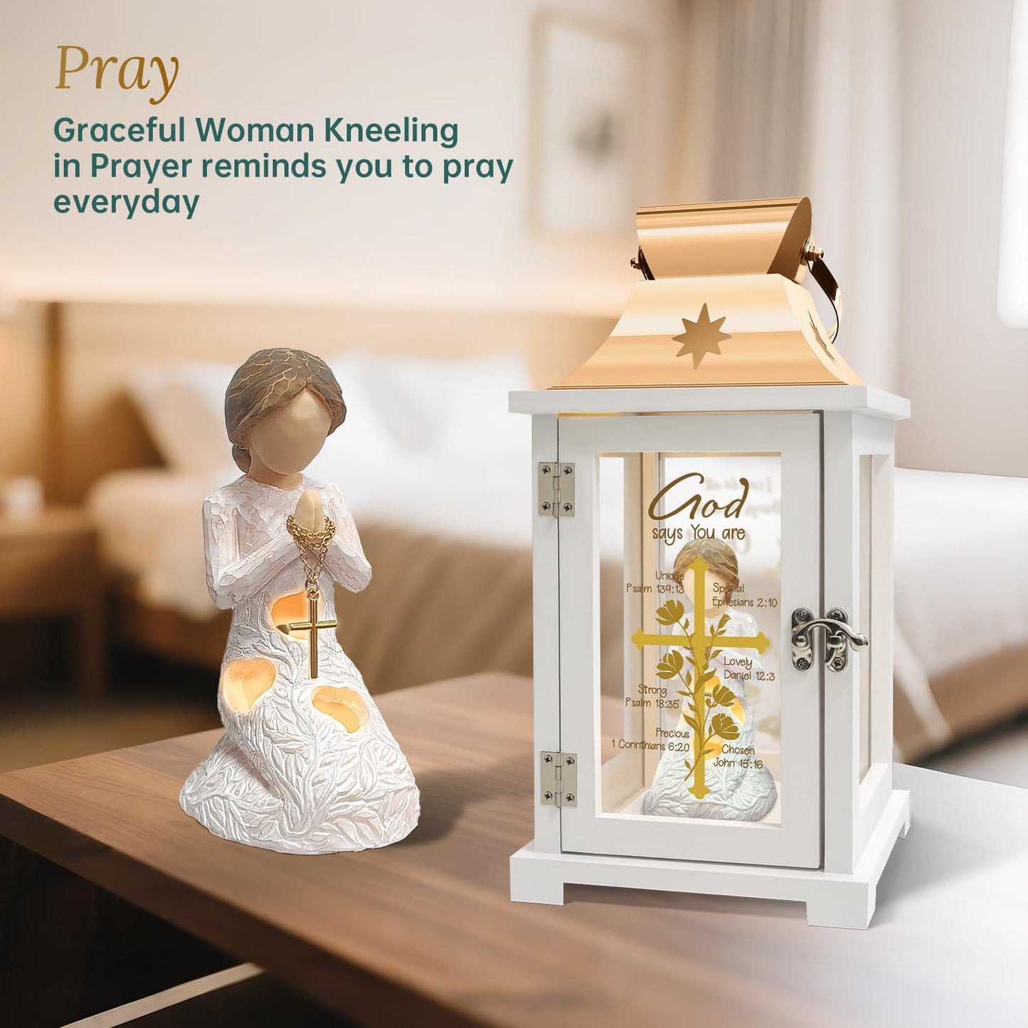 Christian Gifts for Women Birthday, Inspirational Gifts for Friends, Religious Spiritual Gifts for Her Mom Girl Female Coworker Sister Christian Home Decorative Signs, Praying Angel Figurine Lantern