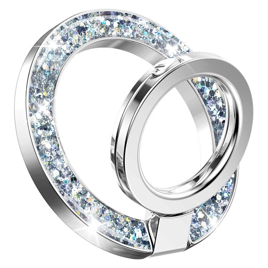 GVIEWIN Magnetic Phone Ring Holder, Compatible with MagSafe Phone Grip with Adjustable Stand, Magnet Phone Ring Kickstand for iPhone 16 Pro Max/Plus/15/14/13/12 Series/Other Phones (Glitter/Silver)