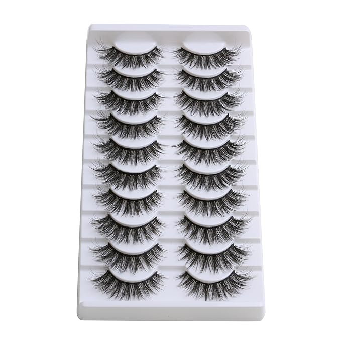 SUNWELL False Eyelashes 16mm Mink Lashes Cat Eye Lashes Strips 8D Fluffy Faux Mink Lashes Soft Wispy Luxury Volume Fake Lashes 10 Pairs Pack