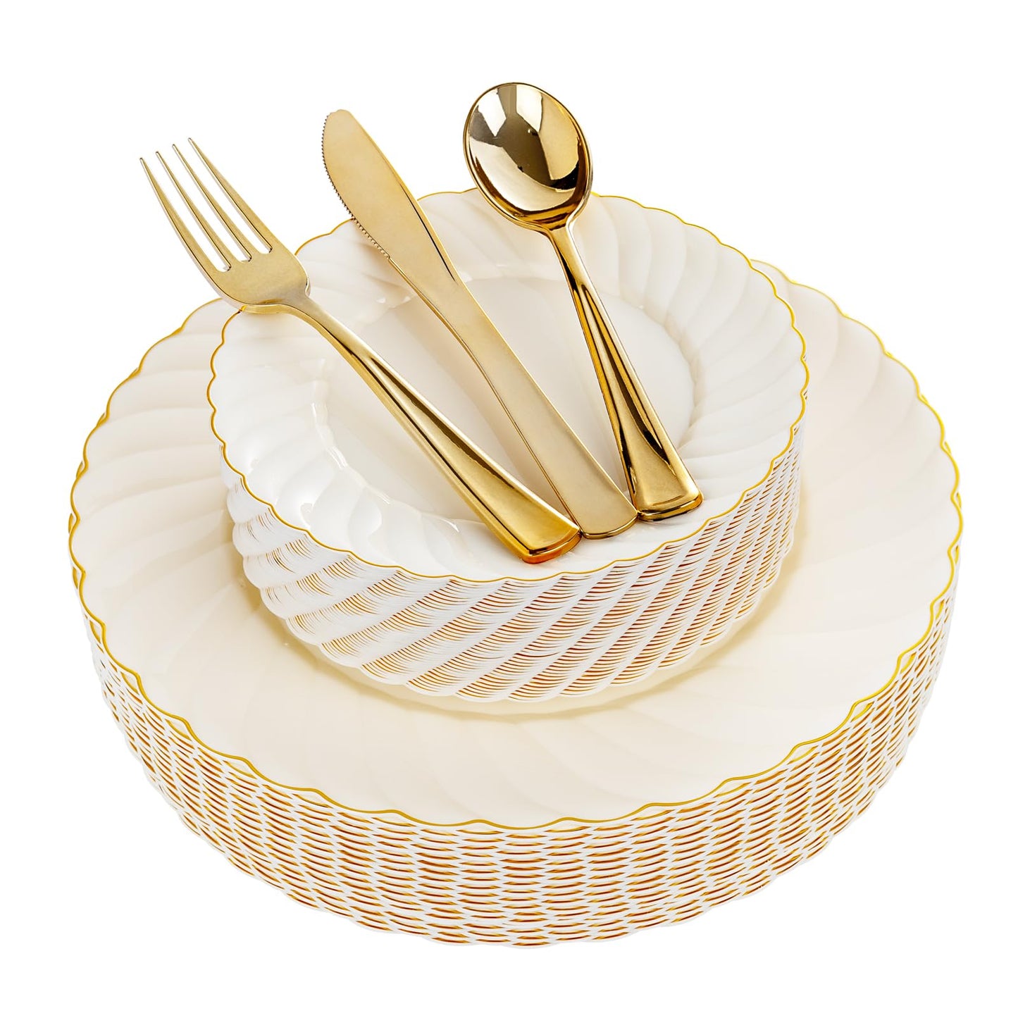 YOUBET 125PCS Scalloped Plastic Plates - Ivory Scalloped Disposable Plates - Gold Plastic Dinnerware Set Include 50 Plates, 75 Gold Silverware for Party & Wedding