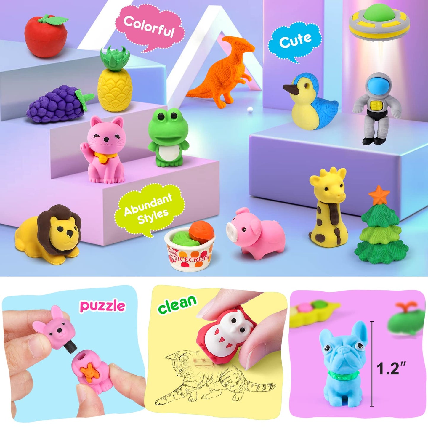 Arscniek 140 Pack Animal Erasers for Kids, Take Apart Mini Pencil Erasers, Desk Pets & Treasure Box Toys, Bulk Party Favors, Stocking Stuffers, Classroom Prizes, School Supplies, Gift for Boys & Girls