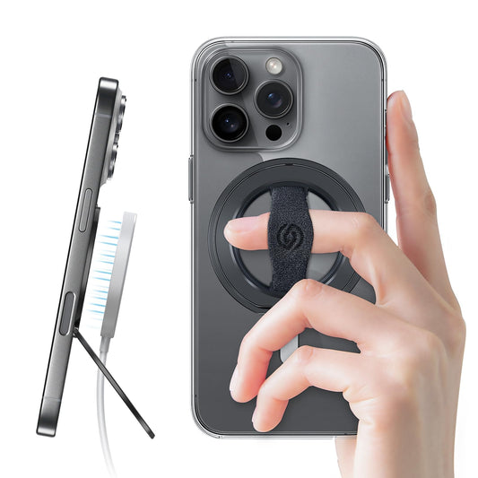 EWA MagOne 3rd Gen [Compatible with MagSafe] Phone Grip Stand with Finger Strap, Removable Magnetic Ring Holder Kickstand Loop for iPhone 16,15, 14, 13, 12 Series-(Black)