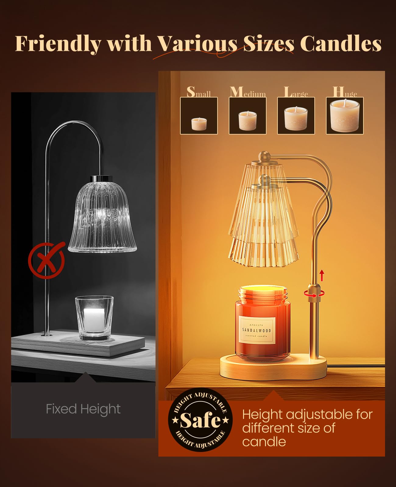 Candle Warmer Lamp, Wax Melt Warmer with 2 Bulbs for Scented Jar Candles, with Timer Dimmer Adjustable Height, Home Decor Gift for Girl Friend Mom Sister Women, No Flame No Smoke Warming Light, Amber