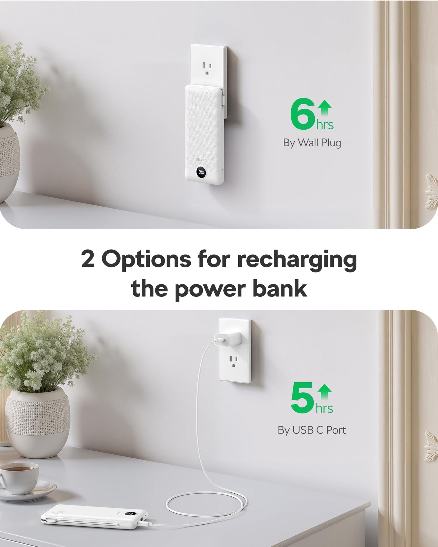 VEGER AC Wall Plug Portable Charger, 10000mah Slim Portable Charger Built in Cables, USB C Power Bank 15W Fast Charging, Travel Essential Battery Pack Compatible with iPhone, Android and More(White)