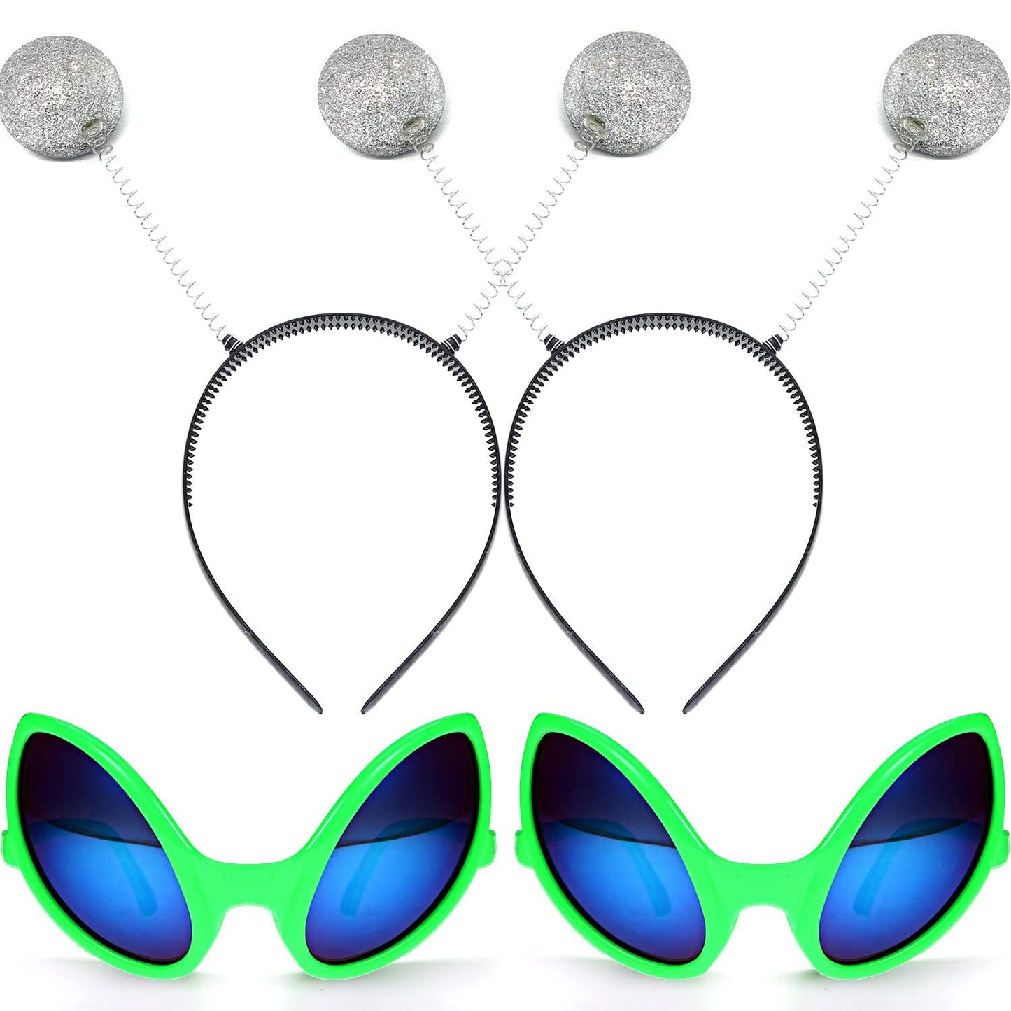 itechpanda 4 Pairs Green Plastic Alien Glasses, 4 Pieces Martian Antenna Headband Boppers Sunglasses Headbands for Fancy Dress Party Halloween Decoration Kids and Adults