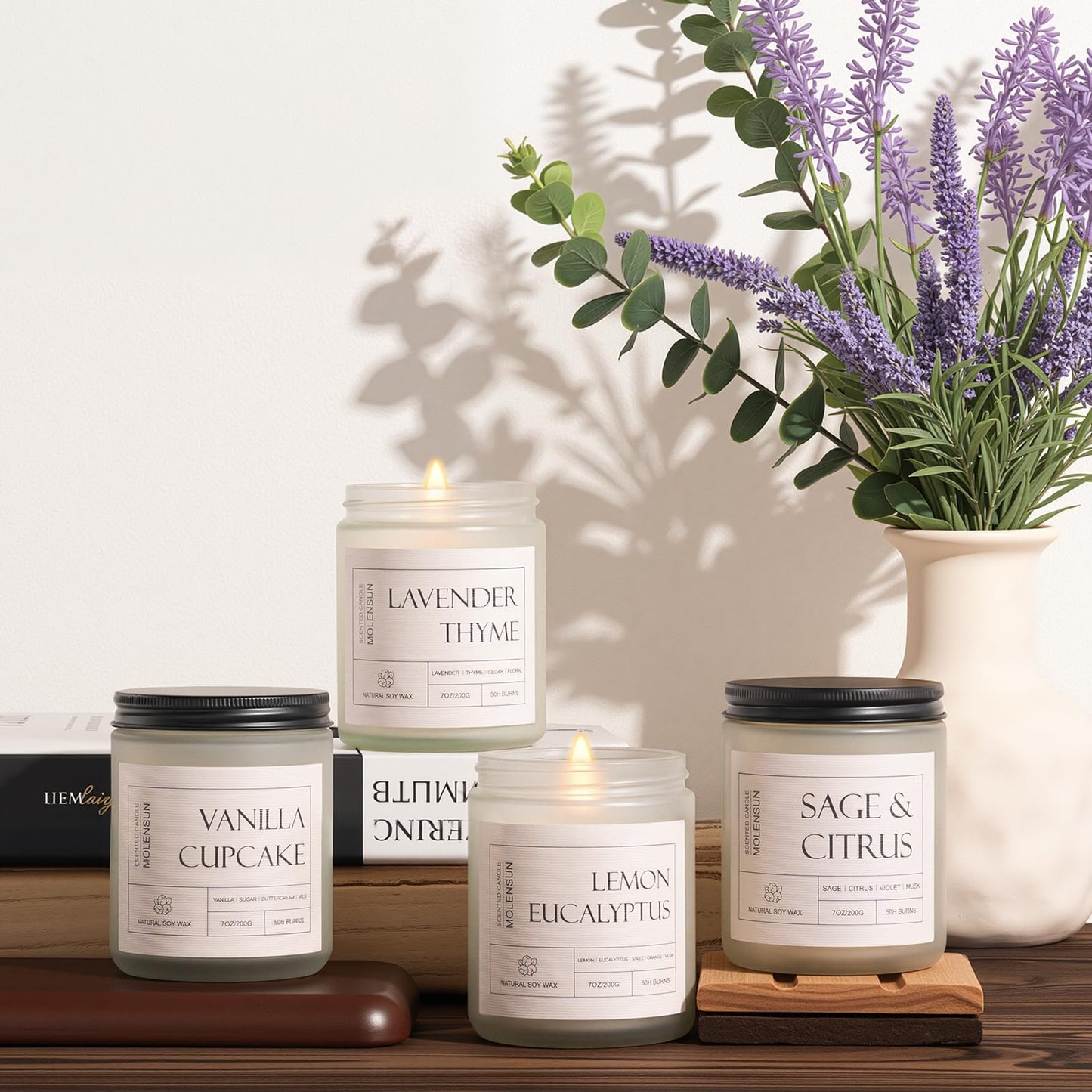 Molensun 4 Pack Candles for Home Scented, Mother's Day Gifts, 28 oz Long Lasting Candles, Soy Candle Set Gift for Women - Lavender Thyme/Lemon Eucalyptus/Sage &Citrus/Vanilla Cupcake