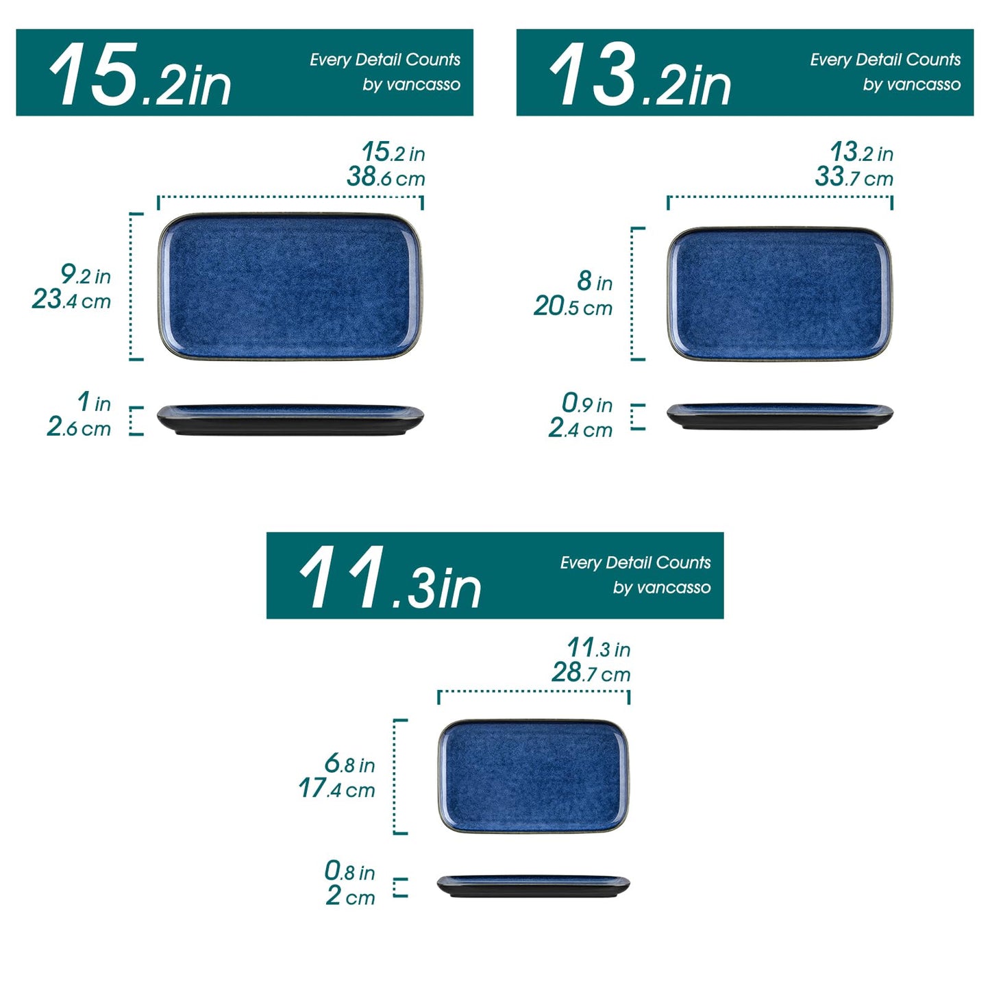 vancasso Stern Serving Platters Set of 3, 15/13/ 11 Inches Rectangular Serving Plates, Blue Serving Trays for Entertaining, Party
