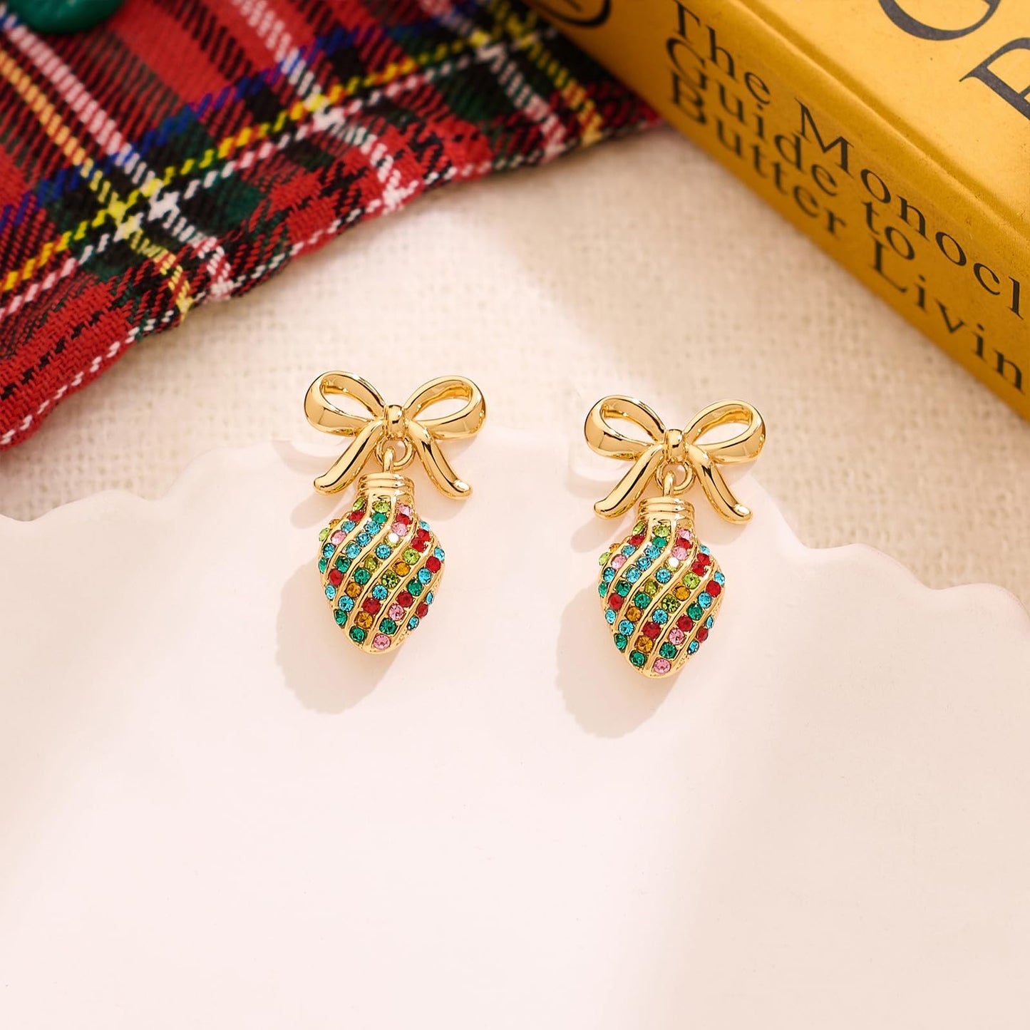 CUFELMU Christmas Earrings for Women Colorful Rhinestones Bow Light Bulb Earrings
