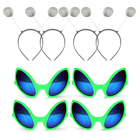 itechpanda 4 Pairs Green Plastic Alien Glasses, 4 Pieces Martian Antenna Headband Boppers Sunglasses Headbands for Fancy Dress Party Halloween Decoration Kids and Adults