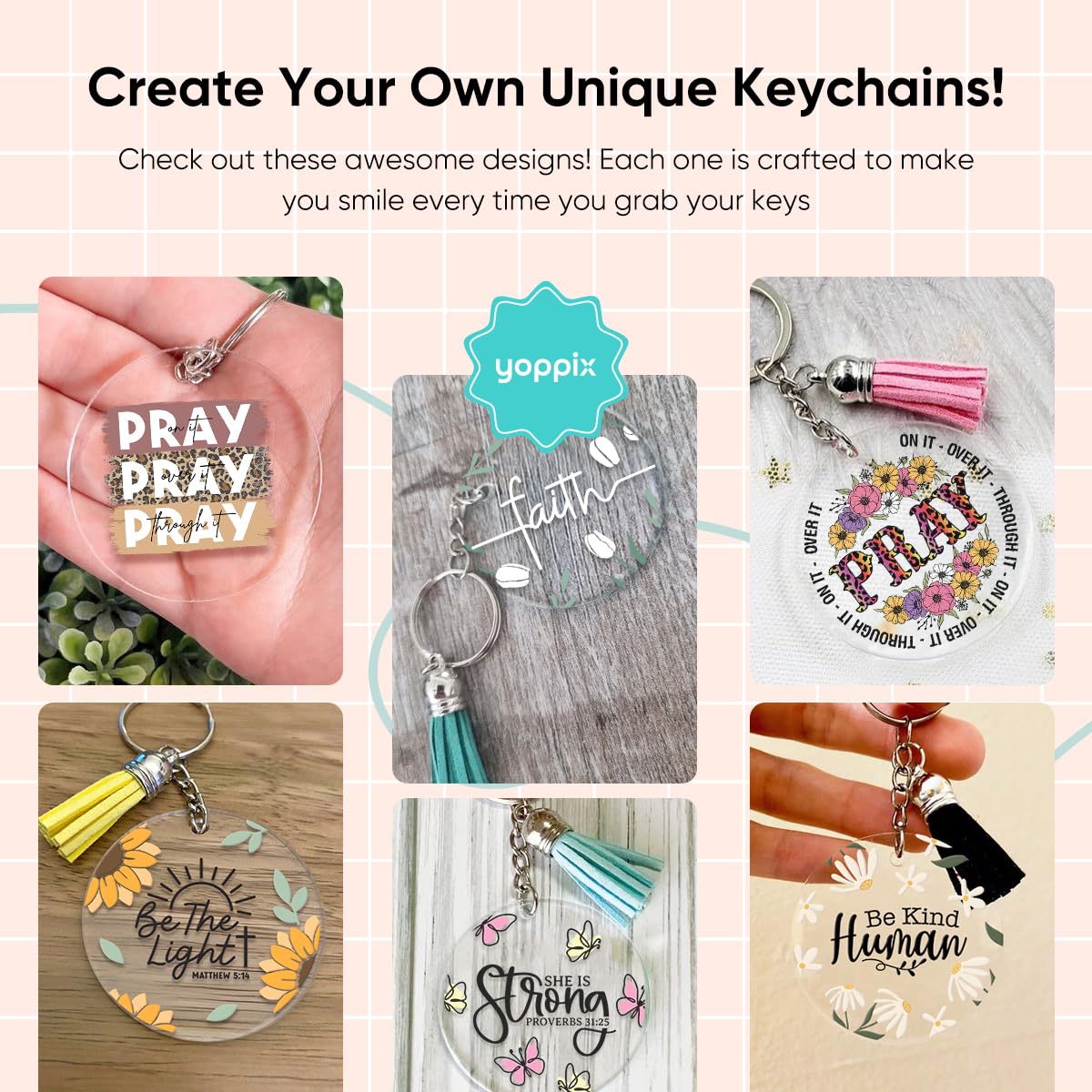 YOPPIX 140 PCS Acrylic Keychain Blank Set, Faith Double-Sided UV DTF Stickers Acrylic Keychain Making Kits for Vinyl DIY Craft Project Employee Appreciation Gifts