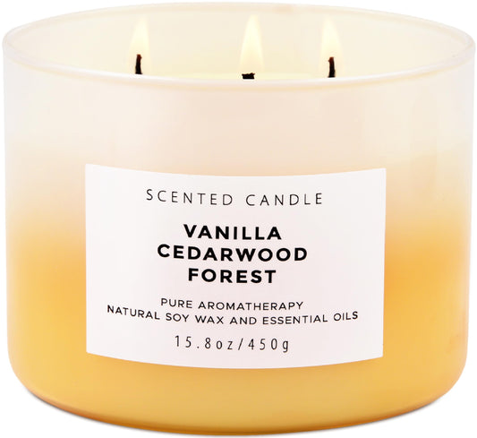 Vanilla Cedarwood Forest 3 Wick Scented Candle | Large Soy Candles for Stress Relief 15.8 oz | Relaxing Aromatherapy Candle for Men & Women | Fresh Cozy Scent Long Lasting Candles for Home Clean Burn