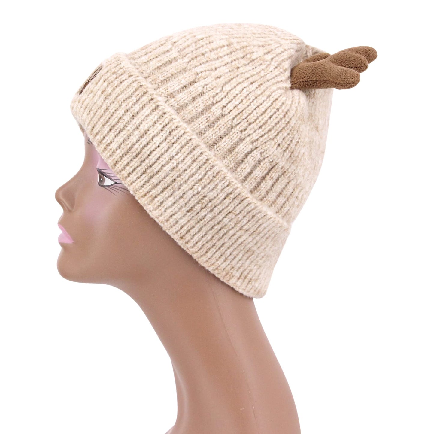 Haoohu Warm Cute Reindeer Antlers Knitted Hat Crochet Knit Cap Knitted Beanie for Adults Beige