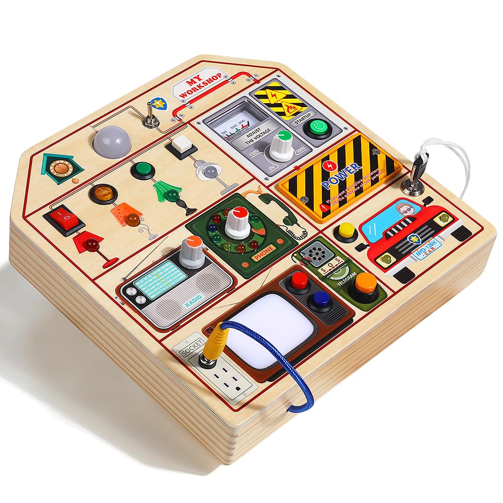 JAUNTY Montessori Wooden Busy Board for Toddlers 3 4 5 Years Old, Wooden Sensory Toddler Toys with LED Light Switches, TV Radio Telegram and Car Driving, Travel Toys Birthday for Boys Girls